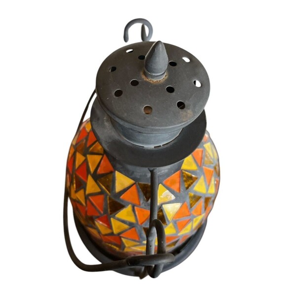Mosaic Glass Lantern Garden Patio Candle Holder  Metal Handle 10” - Picture 5 of 6
